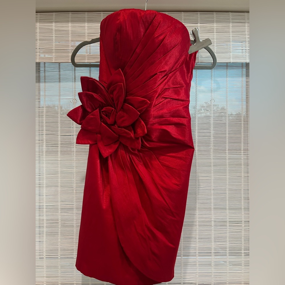 Renee C. Strapless Red Dress with Floral Detail